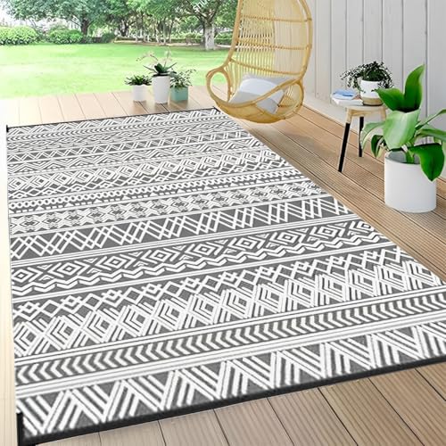 Hiseng Outdoor Teppich Wetterfest Balkon Camping Teppich, Grau Bohème-Stil Wendbarer Kunststoff Stroh Außenteppich, Wasserfest Tragbare Terrasse Garten RV Matte Picknickdecke (Grau,152x244cm) von Hiseng