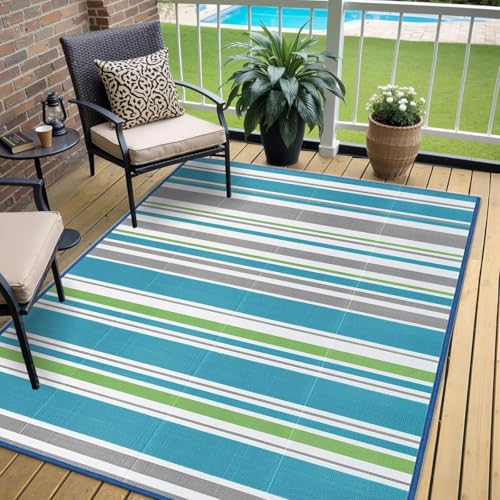 Hiseng Outdoor Teppich Wetterfest Balkon Camping Teppich, Wasserfest Moderne Blaue Streifen Kunststoff Stroh Außenteppich, Wendbarer Terrasse Garten RV Matte Picknickdecke (Blau-Grün,122x183cm) von Hiseng