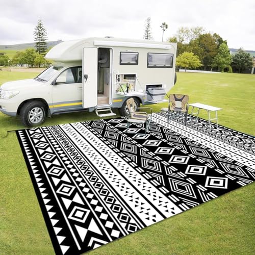 Hiseng Outdoor Teppich Wetterfest Wendbarer Balkon Teppich, Schwarzer Bohemian Wasserfest Kunststoff Stroh Außenteppich für Camping, Terrasse, Garten, RV Matte Picknickdecke (Schwarz,122x183cm) von Hiseng