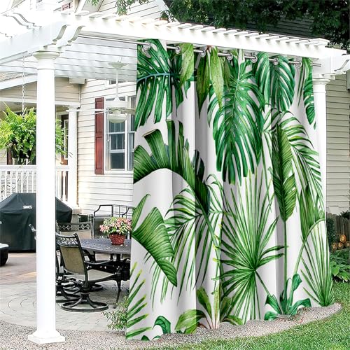 Hiseng Outdoor Vorhänge Wetterfest Wasserdicht mit Ösen, 1 Stück 3D Blumenpflanze Verdunkelungsvorhang Outdoorvorhänge Sichtschutz Sonnenschutz Vorhänge für Terrasse (180x213cm,Weiß) von Hiseng