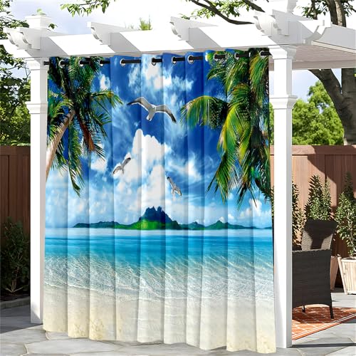 Hiseng Outdoor Vorhänge Wetterfest mit Ösen, Strand Kokosnussbaum 3D Gedruckt Vorhang Wasserdicht Blickdicht Sichtschutz Gardinen für Garten Terrasse Pavillon Balkon (Style 16,132x137cm) von Hiseng