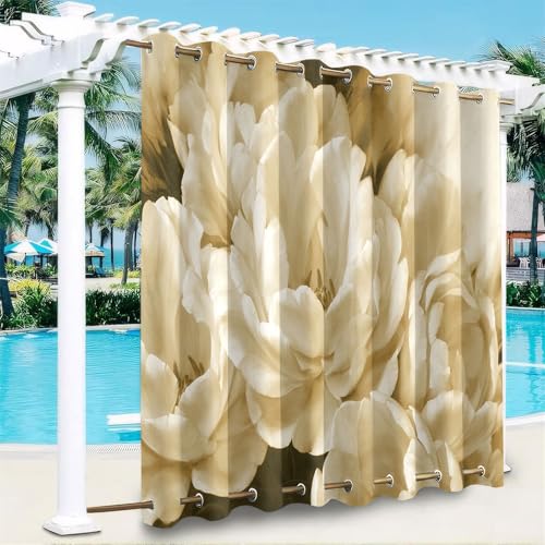 Hiseng Outdoor Vorhänge Wetterfest mit Ösen Oben und Unten, 3D Blume Muster wasserdichte Outdoorvorhänge 1 Stück Verdunkelungsvorhang Sichtschutz Vorhang für Garten (Weiß Blume A,180x213cm) von Hiseng