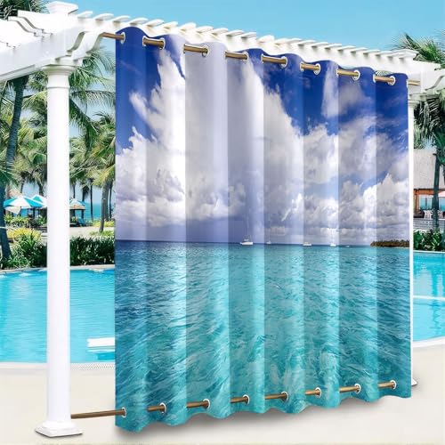 Hiseng Outdoor Vorhänge Wetterfest mit Ösen Oben und Unten, 3D Meerblick Muster wasserdichte Outdoorvorhänge 1 Stück Verdunkelungsvorhang Sichtschutz Vorhang (Blau Ozean A,180x213cm) von Hiseng