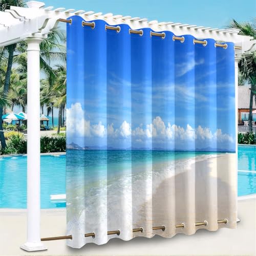 Hiseng Outdoor Vorhänge Wetterfest mit Ösen Oben und Unten, 3D Meerblick Muster wasserdichte Outdoorvorhänge 1 Stück Verdunkelungsvorhang Sichtschutz Vorhang (Meer A,180x213cm) von Hiseng