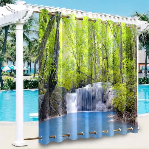 Hiseng Outdoor Vorhänge Wetterfest mit Ösen Oben und Unten, 3D Wasserfall Muster wasserdichte Outdoorvorhänge 1 Stück Verdunkelungsvorhang Sichtschutz Vorhang (Wald,132x182cm) von Hiseng