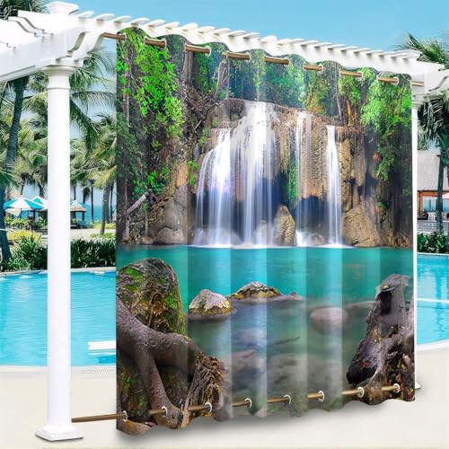 Hiseng Outdoor Vorhänge Wetterfest mit Ösen Oben und Unten, 3D Wasserfall Muster wasserdichte Outdoorvorhänge 1 Stück Verdunkelungsvorhang Sichtschutz Vorhang (Wasserlauf,132x182cm) von Hiseng