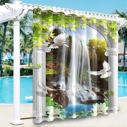 Hiseng Outdoor Vorhänge Wetterfest mit Ösen Oben und Unten, 3D Wasserfall Muster wasserdichte Outdoorvorhänge 1 Stück Verdunkelungsvorhang Sichtschutz Vorhang (Weiß Lotusblüte,132x182cm) von Hiseng