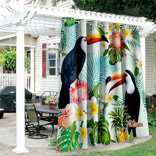 Hiseng Outdoor Vorhang Wetterfest mit Ösen 1 Stück Tropenpflanzen Balkon Outdoorvorhänge Wasserdicht Blickdicht Vorhang Outdoor Sichtschutz Vorhänge für Garten Terrasse (132x137cm,Blau Tukan) von Hiseng