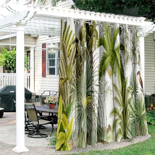 Hiseng Outdoor Vorhang Wetterfest mit Ösen 1 Stück Tropenpflanzen Balkon Outdoorvorhänge Wasserdicht Blickdicht Vorhang Outdoor Sichtschutz Vorhänge für Garten Terrasse (132x160cm,Weiß) von Hiseng