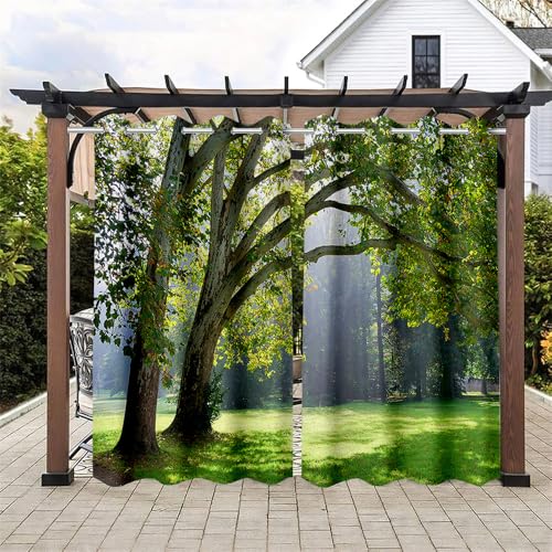 Hiseng Outdoor Vorhang Wetterfest mit Ösen 2 Stück Balkon Outdoorvorhänge Wasserdicht Blickdicht Vorhang Outdoor Sichtschutz Vorhänge für Garten Terrasse -3D Wald (101x213cm,Park) von Hiseng