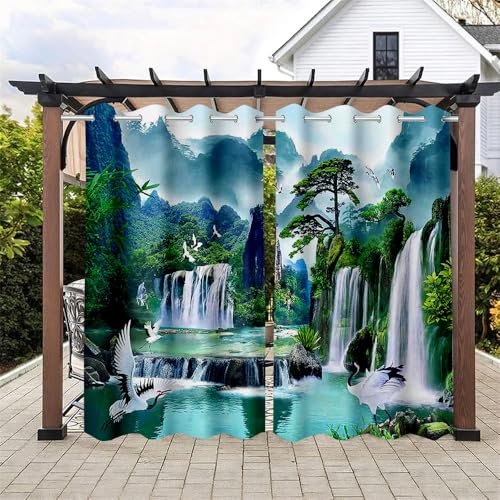 Hiseng Outdoor Vorhang Wetterfest mit Ösen 2 Stück Balkon Outdoorvorhänge Wasserdicht Blickdicht Vorhang Outdoor Sichtschutz Vorhänge für Garten Terrasse -3D Wald (137x203cm,Wasserfall) von Hiseng