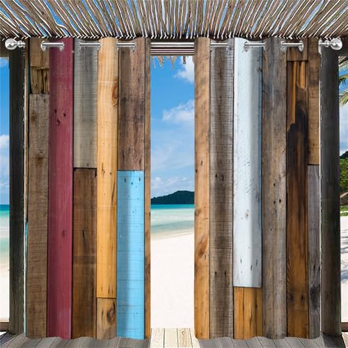 Hiseng Outdoor Vorhang Wetterfest mit Ösen 2er Set Balkon Holzmaserung Outdoorvorhänge Wasserdicht Blickdicht Vorhang Sonnenschutz Vorhänge für Terrasse Pavillon Garten (107x183cm,Blau) von Hiseng
