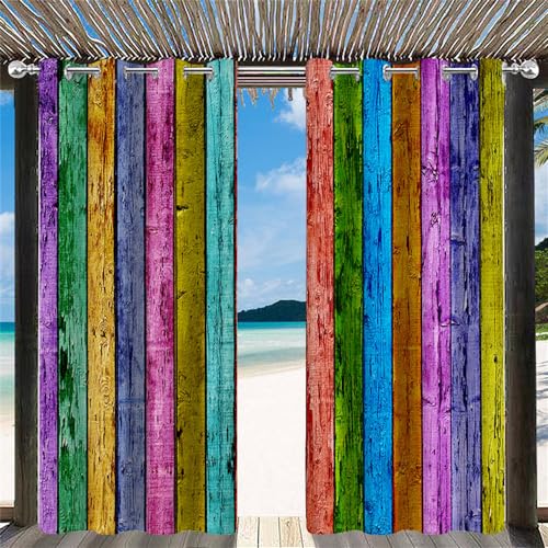 Hiseng Outdoor Vorhang Wetterfest mit Ösen 2er Set Balkon Holzmaserung Outdoorvorhänge Wasserdicht Blickdicht Vorhang Sonnenschutz Vorhänge für Terrasse Pavillon Garten (132x213cm,Bunt) von Hiseng