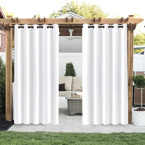 Hiseng Outdoor Vorhang Wetterfest mit Ösen 2er Set Balkon Outdoorvorhänge Wasserdicht Blickdicht Vorhang Outdoor Sichtschutz Sonnenschutz Vorhänge für Pavillon Terrasse Garten (132x213cm,Weiß) von Hiseng