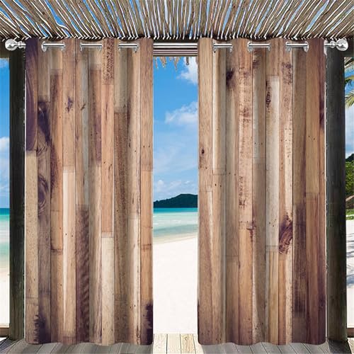 Hiseng Outdoor Vorhang Wetterfest mit Ösen 2er Set Druck Balkon Outdoorvorhänge Wasserdicht Blickdicht Vorhang Outdoor Sichtschutz Sonnenschutz Vorhänge für Pavillon Terrasse (132x213cm,Braun Holz) von Hiseng