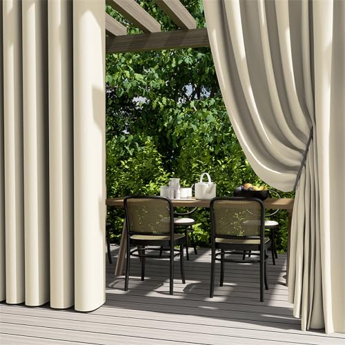 Hiseng Outdoor Vorhang Wetterfest mit Ösen 2er Set Grau Balkon Outdoorvorhänge Wasserdicht Blickdicht Vorhang Outdoor Sichtschutz Sonnenschutz Vorhänge für Garten Terrasse (100x140cm,Cremeweiß) von Hiseng
