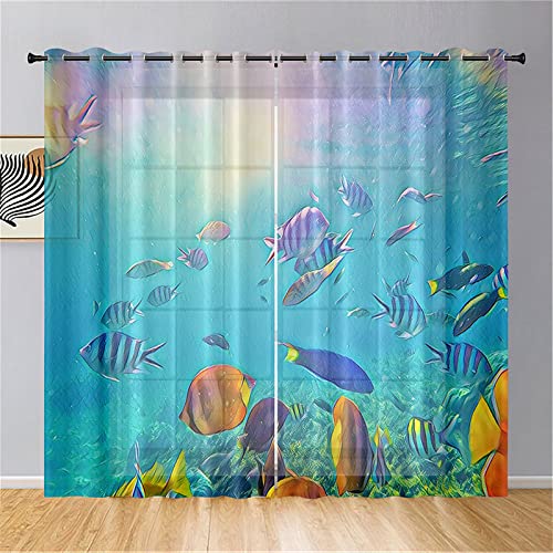 Hiseng Ozean Voile Vorhänge mit Ösen Durchsichtig Halbtransparent Ösenvorhang für Fenster Wohnzimmer Schlafzimmer Moderne Elegante Transparent Gardine 2er Set (107x213cm,Blaufisch) von Hiseng