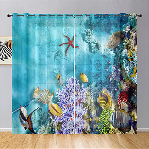 Hiseng Ozean Voile Vorhänge mit Ösen Durchsichtig Halbtransparent Ösenvorhang für Fenster Wohnzimmer Schlafzimmer Moderne Elegante Transparent Gardine 2er Set (140x244cm,Blaue Koralle) von Hiseng