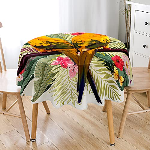 Hiseng Runde Bedruckte Tischdecke, Nordeuropa Blumen Papagei Druck Wasserdicht Antifouling Abwaschbar Multifunktions Polyester Tischtuch Outdoor Garten Küche Tischdecke (Tropische Pflanzen,150cm) von Hiseng