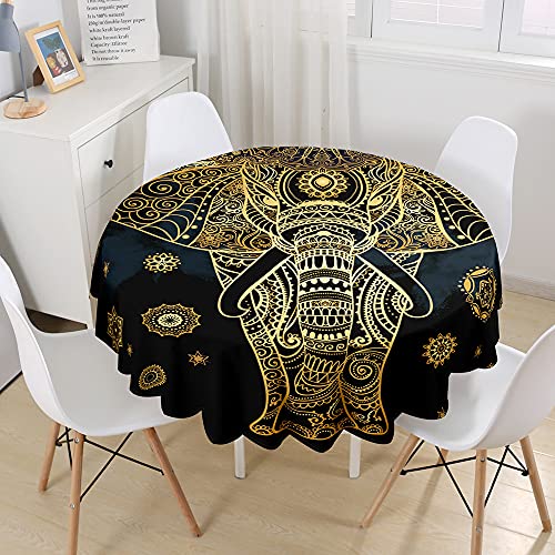 Hiseng Runde Bedruckte Tischdecke Exotische Mandala Elefant Druck Wasserdicht Antifouling Abwaschbar Multifunktions Polyester Tischtuch Outdoor Garten Küche Tischdecke (Gold,90cm) von Hiseng
