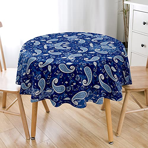 Hiseng Runde Tischdecke, Retro Exotisch Paisley Bedruckte Tischdecke, Wasserdicht Antifouling Tischtuch aus Polyester, Outdoor Garten Küche Multifunktionale Tischdecke (150cm,Dunkelblau) von Hiseng