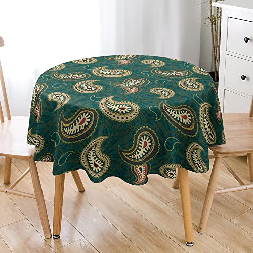 Hiseng Runde Tischdecke, Retro Exotisch Paisley Bedruckte Tischdecke, Wasserdicht Antifouling Tischtuch aus Polyester, Outdoor Garten Küche Multifunktionale Tischdecke (150cm,Dunkelgrün) von Hiseng