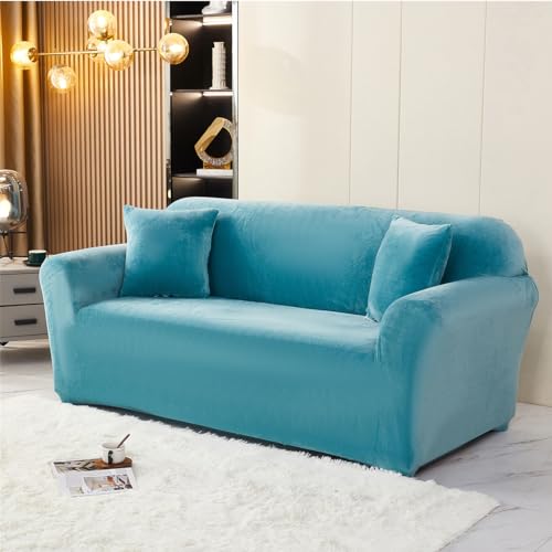 Hiseng Samt Sofa Überzug, Stretch Sofabezug 1-4 Sitzer Einfarbig Couch Überzug mit Gummiband Universal Sofa Cover, Sofaschoner für Haustiere (3-Sitzer,Himmelblau) von Hiseng