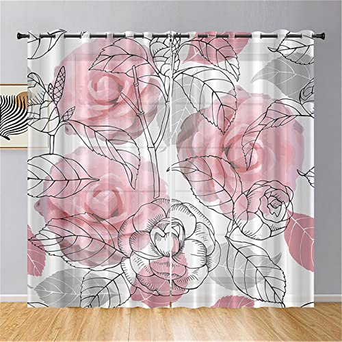 Hiseng Schiebegardinen Voile Vorhang Gardinen 2er Set, Blume Landschaft Sheer Schiebevorhänge Lichtdurchlässig Flächenvorhänge für Wohnzimmer Schlafzimmer Fensterschal (140x244cm,Rose Graffiti) von Hiseng