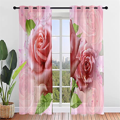 Hiseng Schiebegardinen Voile Vorhang Gardinen 2er Set, Rose Blume Druck Sheer Schiebevorhänge Lichtdurchlässig Flächenvorhänge für Wohnzimmer Schlafzimmer Fensterschal (107x160cm,Rosa elegant) von Hiseng