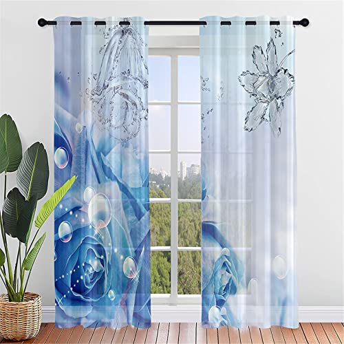 Hiseng Schiebegardinen Voile Vorhang Gardinen 2er Set, Rose Blume Druck Sheer Schiebevorhänge Lichtdurchlässig Flächenvorhänge für Wohnzimmer Schlafzimmer Fensterschal (107x213cm,Blaue Perle) von Hiseng