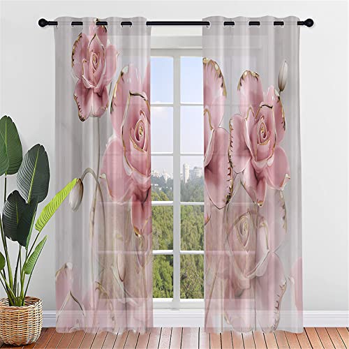 Hiseng Schiebegardinen Voile Vorhang Gardinen 2er Set, Rose Blume Druck Sheer Schiebevorhänge Lichtdurchlässig Flächenvorhänge für Wohnzimmer Schlafzimmer Fensterschal (140x244cm,Goldene Rose) von Hiseng