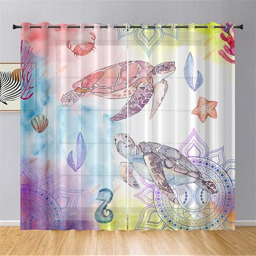 Hiseng Schildkrötenmalerei 3D Halbtransparent Voile Vorhänge mit Ösen Durchsichtig Moderne 2er Set Ösenvorhang für Fenster Wohnzimmer Schlafzimmer Transparent Gardine (Bunt,140x160cm) von Hiseng