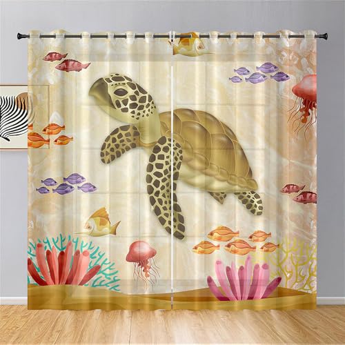 Hiseng Schildkrötenmalerei 3D Halbtransparent Voile Vorhänge mit Ösen Durchsichtig Moderne 2er Set Ösenvorhang für Fenster Wohnzimmer Schlafzimmer Transparent Gardine (Gelb1,140x244cm) von Hiseng