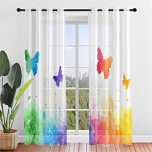 Hiseng Schmetterling Voile Vorhänge mit Ösen Durchsichtig Halbtransparent Ösenvorhang für Fenster Wohnzimmer Schlafzimmer Moderne Elegante Transparent Gardine 2er Set (132x160cm,Buntes Graffiti) von Hiseng