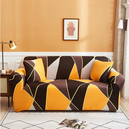 Hiseng Sofa Überzug, Stretch Sofabezug 1 2 3 4 Sitzer Polyesterfaser Couch Überzug Geometrie Sofa Cover Waschbar Universal Sofaschoner für Haustiere Und Kind (3-Sitzer,Goldbraun) von Hiseng