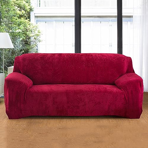 Hiseng Sofa Überzug, Stretch Sofabezug 1 2 3 4 Sitzer Polyesterfaser Couch Überzug Waschbar Universal Sofa Cover Samt Sofaschoner für Haustiere Und Kind (Burgunderrot,4-Sitzer) von Hiseng