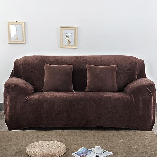 Hiseng Sofa Überzug, Stretch Sofabezug 1 2 3 4 Sitzer Polyesterfaser Couch Überzug Waschbar Universal Sofa Cover Samt Sofaschoner für Haustiere Und Kind (Kaffee,3-Sitzer) von Hiseng