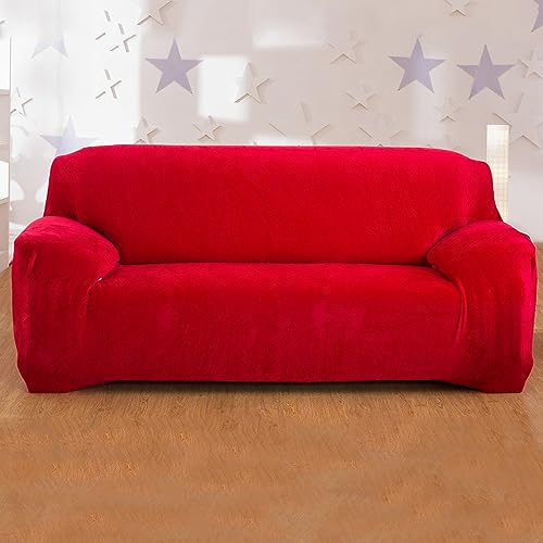 Hiseng Sofa Überzug, Stretch Sofabezug 1 2 3 4 Sitzer Polyesterfaser Couch Überzug Waschbar Universal Sofa Cover Samt Sofaschoner für Haustiere Und Kind (Rot,4-Sitzer) von Hiseng