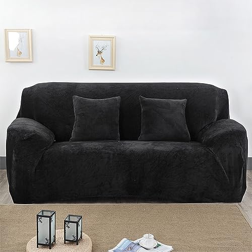 Hiseng Sofa Überzug, Stretch Sofabezug 1 2 3 4 Sitzer Polyesterfaser Couch Überzug Waschbar Universal Sofa Cover Samt Sofaschoner für Haustiere Und Kind (Schwarz,2-Sitzer) von Hiseng