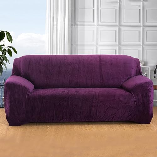 Hiseng Sofa Überzug, Stretch Sofabezug 1 2 3 4 Sitzer Polyesterfaser Couch Überzug Waschbar Universal Sofa Cover Samt Sofaschoner für Haustiere Und Kind (Violett,3-Sitzer) von Hiseng