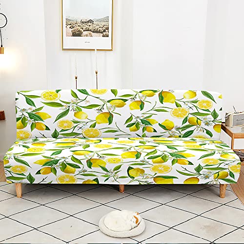 Hiseng Sofabezug Ohne Armlehne 2-3 Sitzer Frucht Druck Armlose Sofaüberwurf Stretch Sofahusse Spandex Abdeckung Futon Protector Elastisch Antirutsch Couch Schlafsofa (160-190cm,Zitrone) von Hiseng