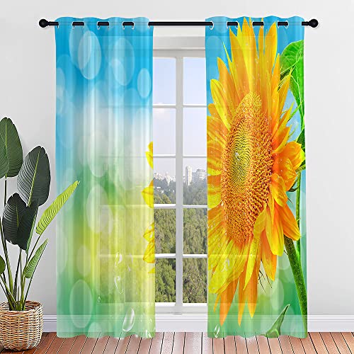 Hiseng Sonnenblume Voile Vorhänge mit Ösen Durchsichtig Halbtransparent Ösenvorhang für Fenster Wohnzimmer Schlafzimmer Blumen Transparent Gardine 2er Set (132x160cm,Blau Grün) von Hiseng