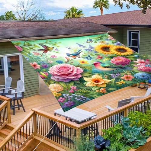 Hiseng Sonnensegel Wasserdicht, 3D Blume Muster Sonnensegel Markise Tarp mit 4 Seilen Rechteckig Quadratisch UV Schutz 95% Atmungsaktiv Sonnenschutz Windschutz (Kolibri,2x2m) von Hiseng