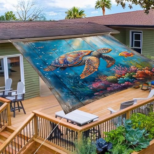 Hiseng Sonnensegel Wasserdicht, 3D Meeresschildkröte Muster Sonnensegel Markise Tarp mit 4 Seilen Rechteckig Quadratisch UV Schutz 95% Atmungsaktiv Sonnenschutz (Koralle,2x2.4m) von Hiseng
