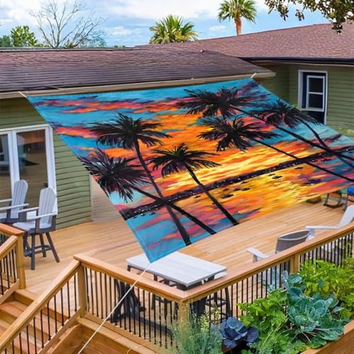 Hiseng Sonnensegel Wasserdicht, 3D Sonnenuntergang Muster Sonnensegel Markise Tarp mit 4 Seilen Rechteckig Quadratisch UV Schutz 95% Atmungsaktiv Sonnenschutz Windschutz (Kokosnussbaum,1.5x1.5m) von Hiseng