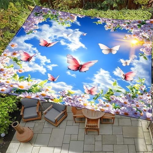 Hiseng Sonnensegel Wasserdicht Rechteckig Quadrat, 3D Schmetterling Drucken Baldachin Segel mit 4 Seilen UV Schutz 95% Markise Tarp Terrasse Sonnenschutz für Balkon (Rosa Schmetterling,2x2m) von Hiseng