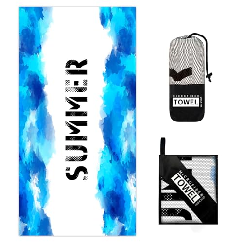 Hiseng Strandtuch Mikrofaser Groß Leicht, Strandhandtuch Schnelltrocknend Weich Mikrofaser Reise Handtuch Outdoor Tragbares Badetuch für Strand oder Pool (70 * 140cm,Blaue Buchstaben) von Hiseng