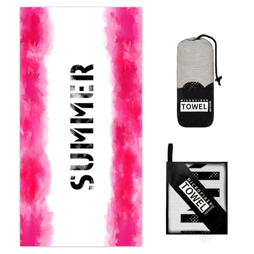 Hiseng Strandtuch Mikrofaser Groß Leicht, Strandhandtuch Schnelltrocknend Weich Mikrofaser Reise Handtuch Outdoor Tragbares Badetuch für Strand oder Pool (70 * 140cm,Rosa Buchstaben) von Hiseng