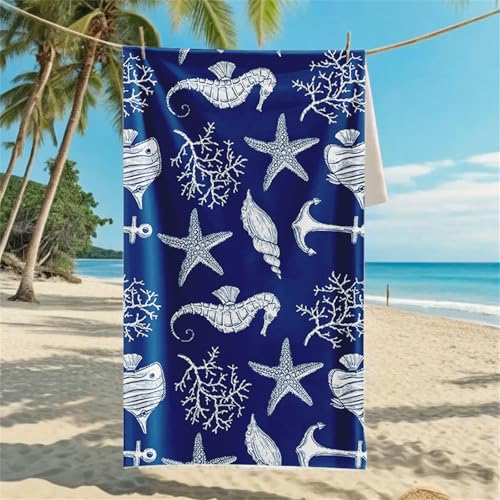 Hiseng Strandtuch Mikrofaser Groß Leicht, Strandhandtuch Schnelltrocknend Weich Mikrofaser Reise Handtuch Outdoor Tragbares Badetuch für Strand oder Pool (Seestern-Muschel,90 * 180cm) von Hiseng