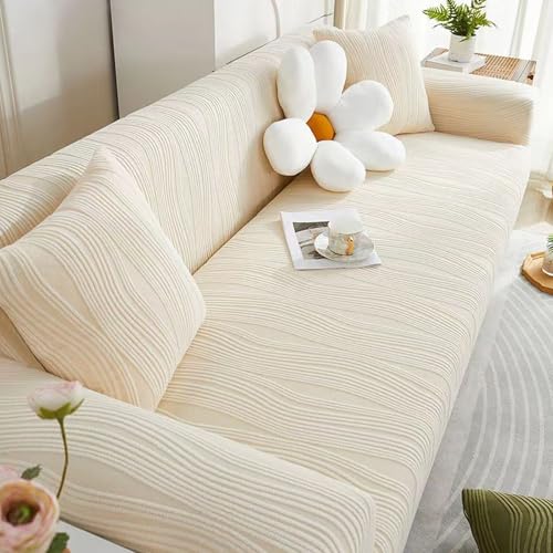 Hiseng Stretch Sofa Überzug, Jacquard Sofabezug 1 2 3 4 Sitzer Einfarbiger Couch Überzug All-Inclusive Sofa Cover, Sofaschoner für Wohnzimmer, Schlafzimmer, Büro (Weiß Streamline,1-Sitzer) von Hiseng